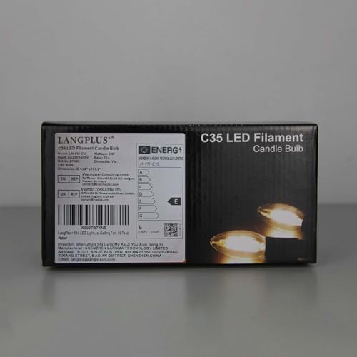 LangPlus+ E14 LED Light Bulb, Dimmable Candle Bulbs, 6W, 60W Equivalent Small Edison Screw SES E14 Bulb, Warm White 2700K, C35 LED Filament Bulb for Chandeliers, Ceiling Fan, 10 Pack