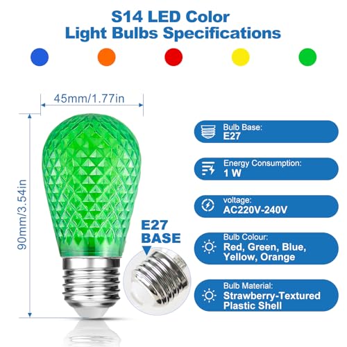 LangPlus+ S14 Coloured LED String Light Bulbs 1W Multi-Colour (Red, Orange, Blue, Green, Yellow) Shatterproof E27 LED Edison Replacement Bulbs for Halloween Christmas Home Décor, 15 Pack