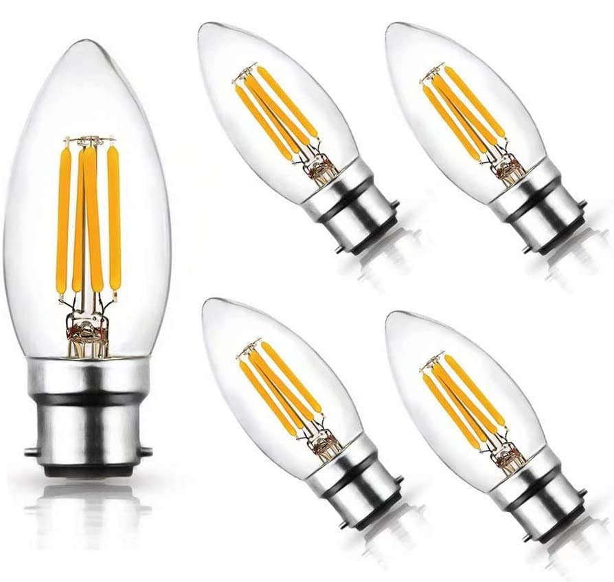 LangPlus+ LED Candle Light Bulbs 4W, Dimmable B22 Bayonet Cap 2700K Warm White C35 LED Filament Bulb for Chandeliers, Ceiling Fan, 5 Pack