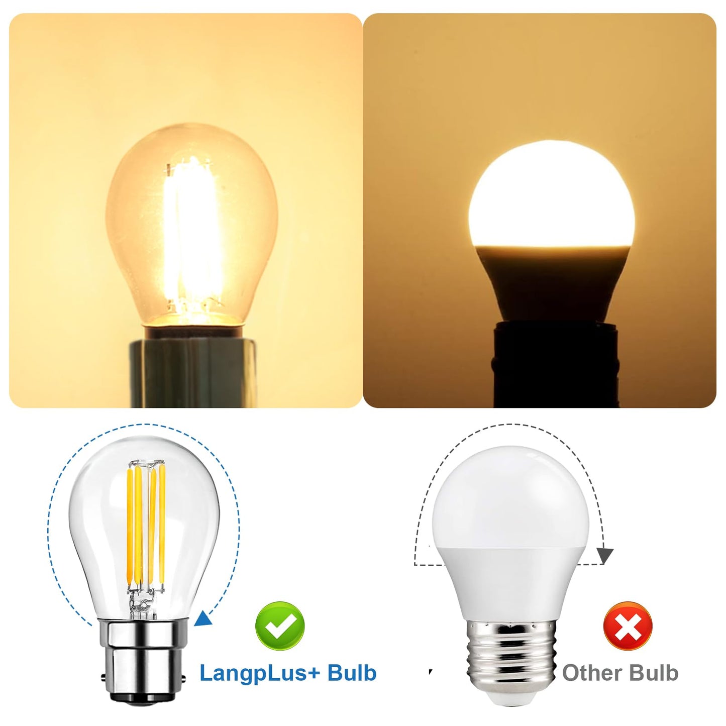 LangPlus+ B22 LED Light Bulb Dimmable G45 Golf Ball Bulbs 6W, 60W Equivalent Mini Globe Clear Glass Bulb Warm White 2700K, LED Filament Bulbs for Pendant, Ceiling Fan, 4 Pack