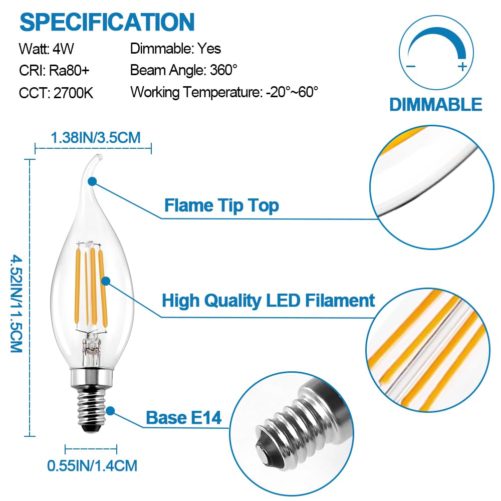 LangPlus+ Dimmable E14 Candelabra LED Light Bulbs 4W 40W Equivalent, 2700K Soft Warm White Chandelier Bulbs, Flame Tip Candle Light Bulb, 6 Pack