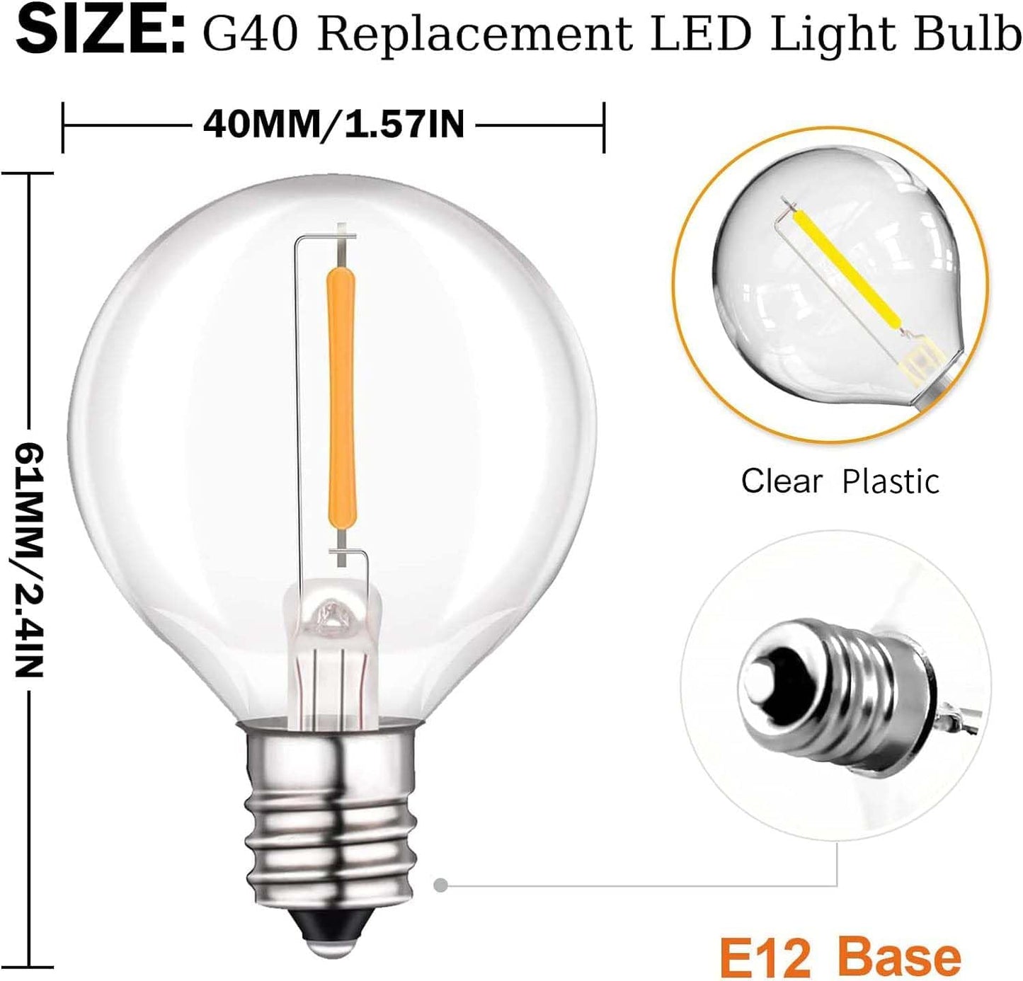 LangPlus+ 25 Pack G40 LED Light Bulbs Replacement, 1W E12/C7 Small Screw Base Socket Light Bulb,2200K Warm White Globe Edison Bulbs for Indoor Outdoor String Lights