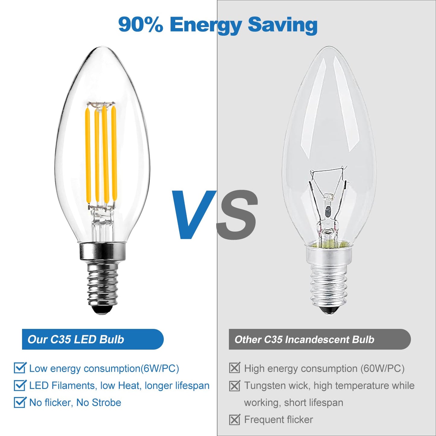 LangPlus+ E14 LED Light Bulb, Dimmable Candle Bulbs, 6W, 60W Equivalent Small Edison Screw SES E14 Bulb, Warm White 2700K, C35 LED Filament Bulb for Chandeliers, Ceiling Fan, 10 Pack