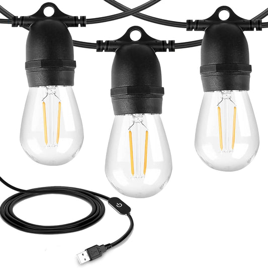 LangPlus+ 24.6FT USB Powered Outdoor String Lights with 10pcs Waterproof Shatterproof S14 LED Bulbs Warm White 2700K Lightweight Dimmable Garden Festoon String Lights for Camping BBQ Christmas Party
