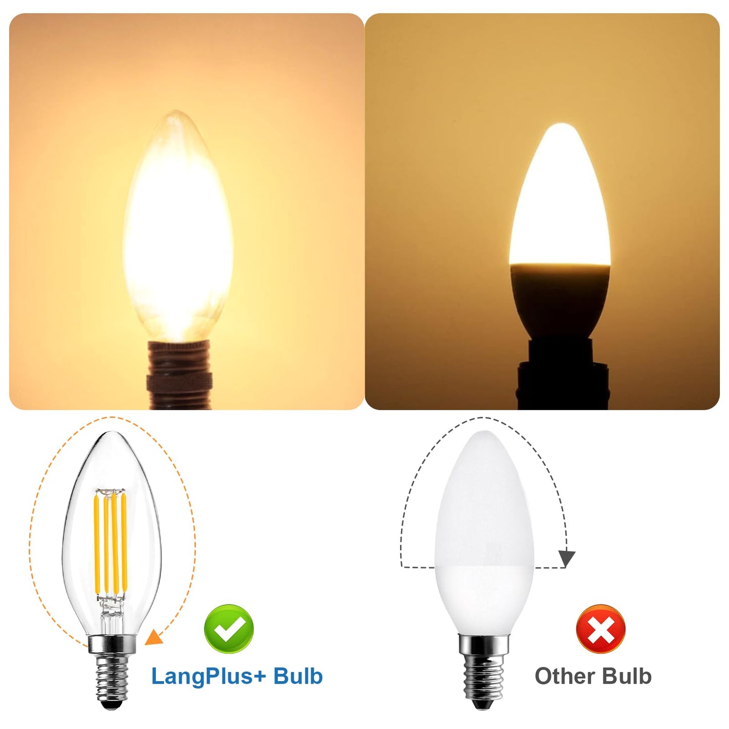 LangPlus+ E14 LED Light Bulb, Dimmable Candle Bulbs, 6W, 60W Equivalent Small Edison Screw SES E14 Bulb, Warm White 2700K, C35 LED Filament Bulb for Chandeliers, Ceiling Fan, 10 Pack