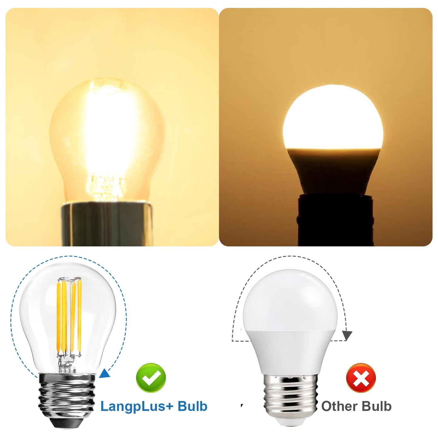 LangPlus+ E27 Screw LED Bulb, Dimmable G45 Golf Ball Bulbs, 6W, 60W Equivalent SES E27 Mini Globe Clear Glass Bulb, Warm White 2700K, LED Filament Light Bulb for Pendant, Ceiling Fan, 10 Pack