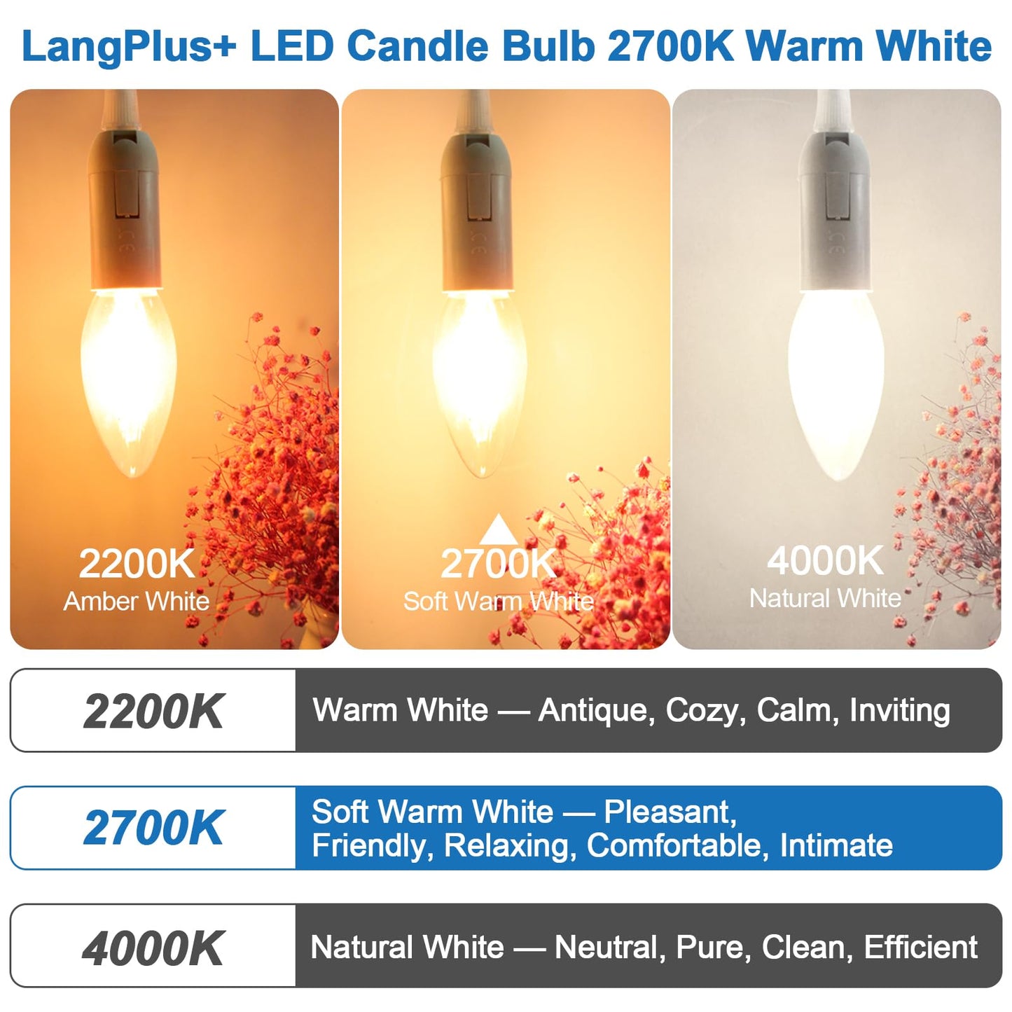 LangPlus+ E14 LED Light Bulb, Dimmable Candle Bulbs, 6W, 60W Equivalent Small Edison Screw SES E14 Bulb, Warm White 2700K, C35 LED Filament Bulb for Chandeliers, Ceiling Fan, 10 Pack