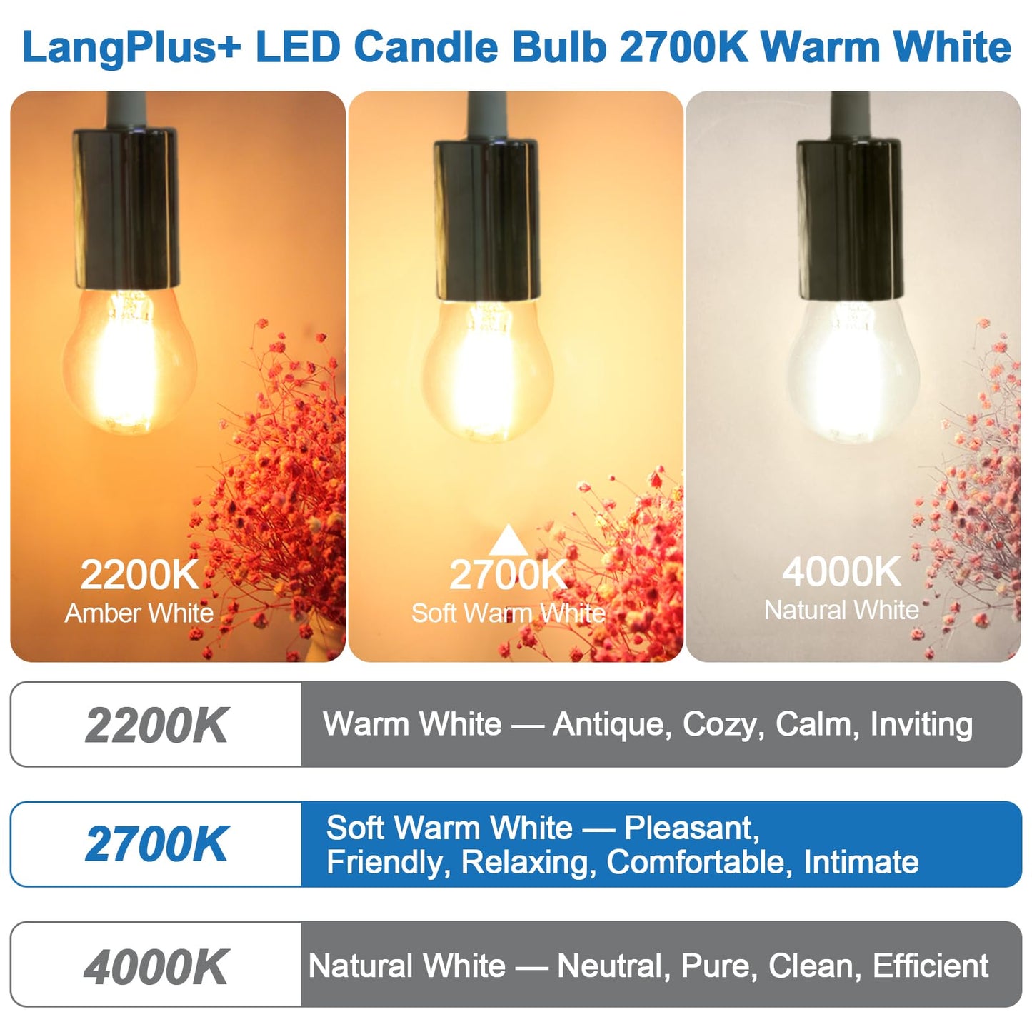 LangPlus+ E27 Screw LED Bulb, Dimmable G45 Golf Ball Bulbs, 4W, 40W Equivalent SES E27 Mini Globe Clear Glass Bulb, Warm White 2700K, LED Filament Light Bulb for Pendant, Ceiling Fan, 10 Pack