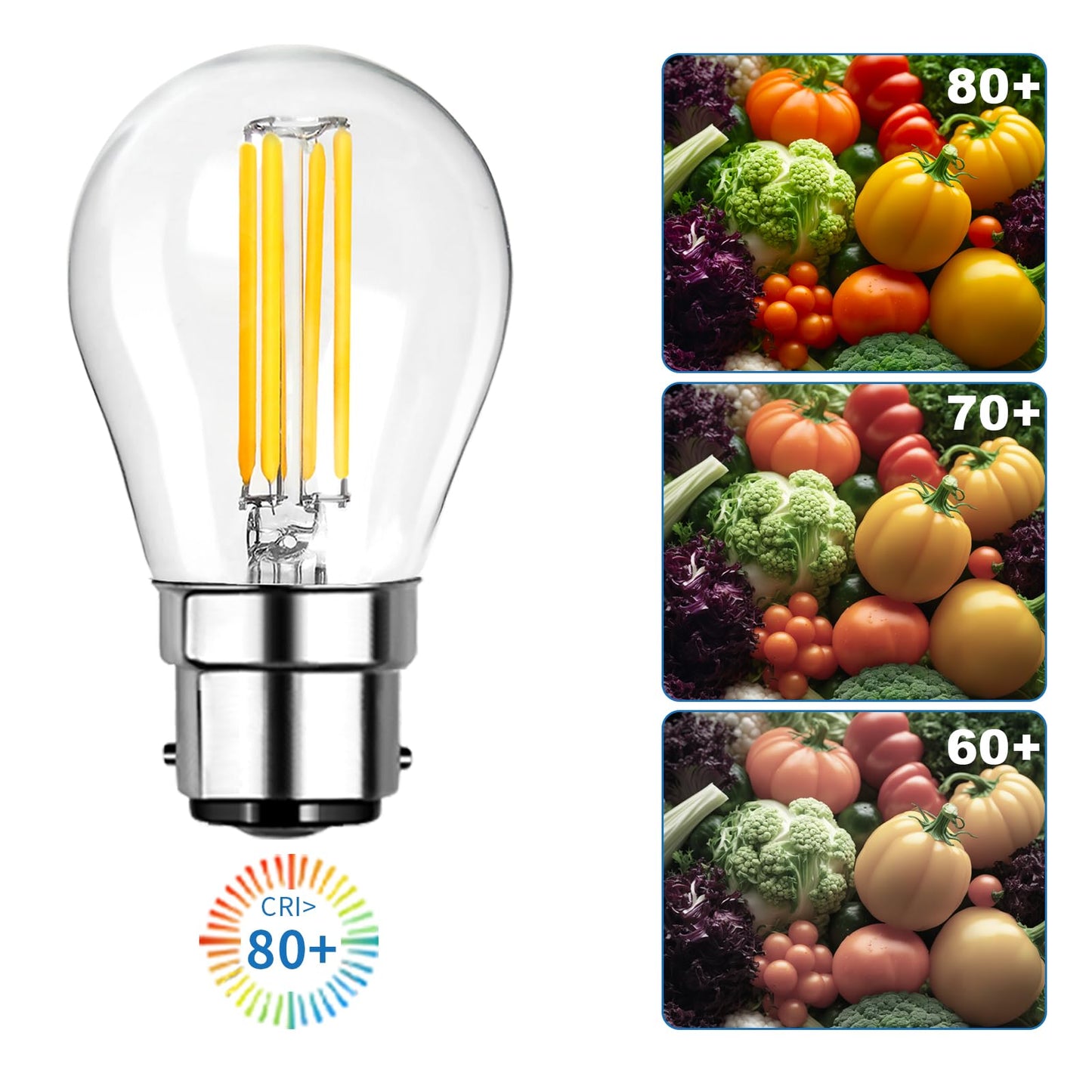 LangPlus+ B22 LED Light Bulb, Dimmable G45 Golf Ball Bulbs, 4W, 40W Equivalent Mini Globe Clear Glass Bulb, Warm White 2700K, LED Filament Bulbs for Pendant, Ceiling Fan, 4 Pack