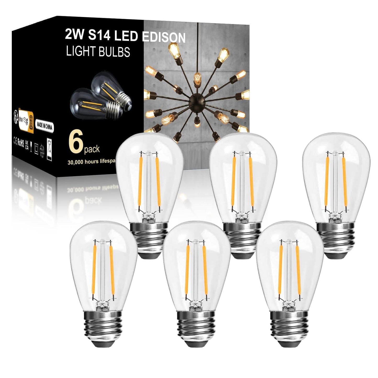 LangPlus+ S14 2W LED Glass Light Bulbs, E27 Base, Warm White 2700K, Edison LED Bulbs for String Lights, Non-Dimmable, 2W Equivalent to 20W Incandescent Bulb, 6 Pack