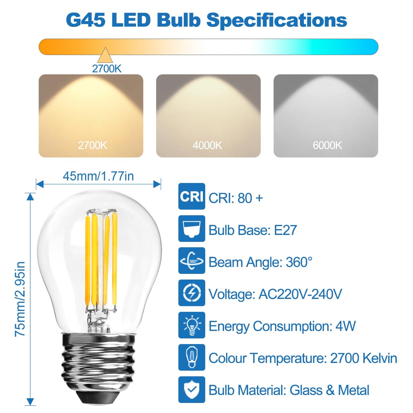 LangPlus+ E27 Screw LED Bulb, Dimmable G45 Golf Ball Bulbs, 4W, 40W Equivalent SES E27 Mini Globe Clear Glass Bulb, Warm White 2700K, LED Filament Light Bulb for Pendant, Ceiling Fan, 4 Pack