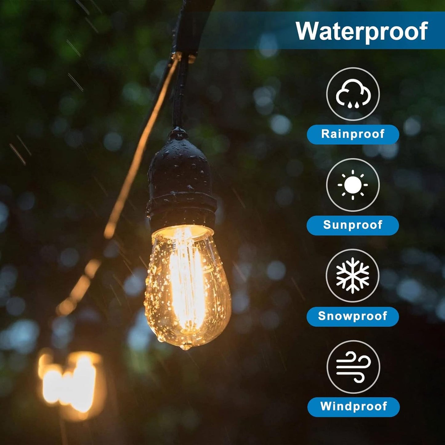 LangPlus+ 49FT Outdoor LED String Lights with 15Pcs +1 Spare 2W S14 LED Bulbs, Heavy Duty Waterproof Garden String Festoon Lights for Wedding Yard Decking Patio