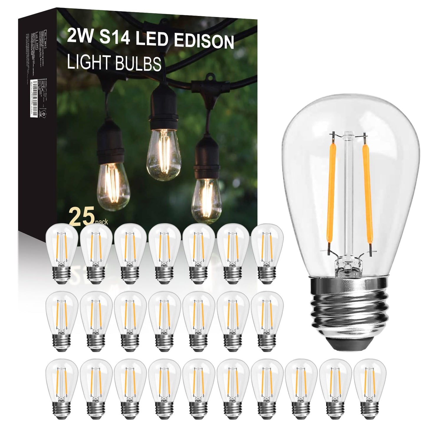LangPlus+ 25 Pack S14 2W LED Glass Light Bulbs, E27 Base, Warm White 2700K, Edison LED Bulbs for String Lights, Non-Dimmable, 2W Equivalent to 20W Incandescent Bulb