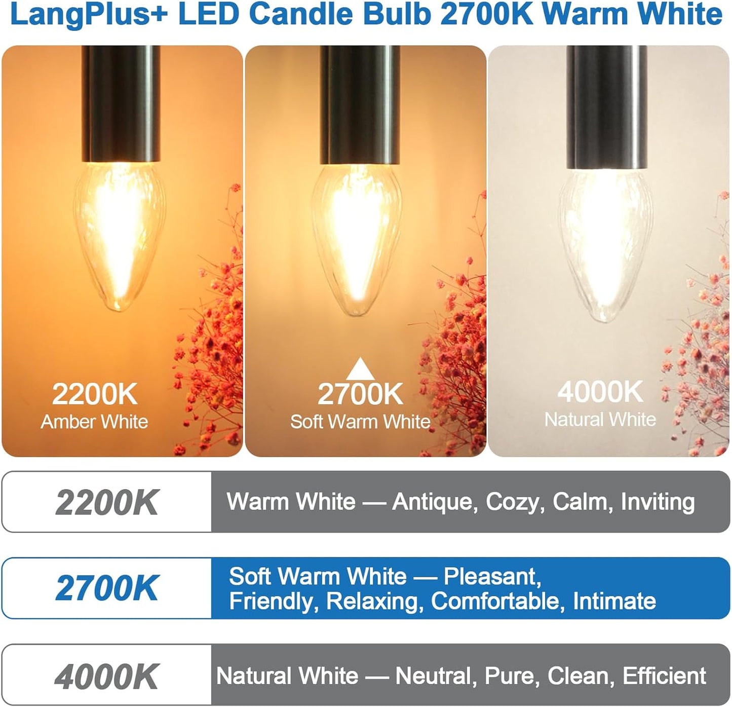 LangPlus+ LED Edison Bulbs Dimmable, F15 Porch Light Bulbs, E26 Base, 8W, Equivalent 75W, 2700K Warm White, Flame Wrinkle Glass Cover, LED Post Bulbs for Ceiling Fan, Pendant Light, 4 Pack