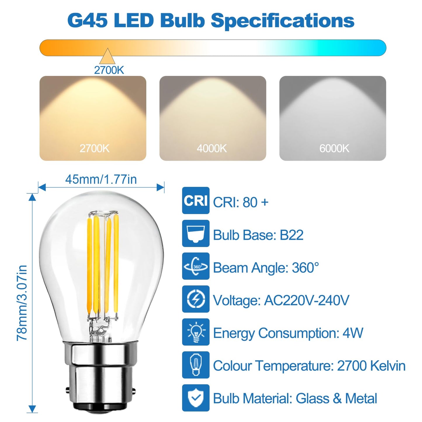 LangPlus+ B22 LED Light Bulb, Dimmable G45 Golf Ball Bulbs, 4W, 40W Equivalent Mini Globe Clear Glass Bulb, Warm White 2700K, LED Filament Bulbs for Pendant, Ceiling Fan, 4 Pack