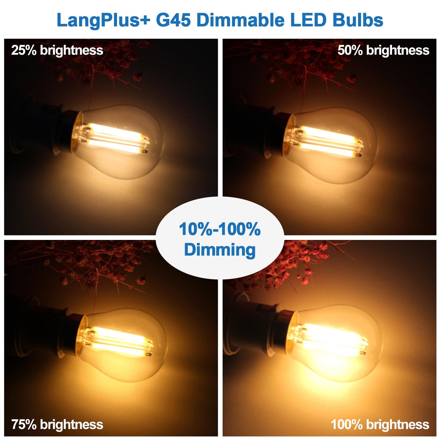 LangPlus+ B22 LED Light Bulb Dimmable G45 Golf Ball Bulbs 6W, 60W Equivalent Mini Globe Clear Glass Bulb Warm White 2700K, LED Filament Bulbs for Pendant, Ceiling Fan, 4 Pack