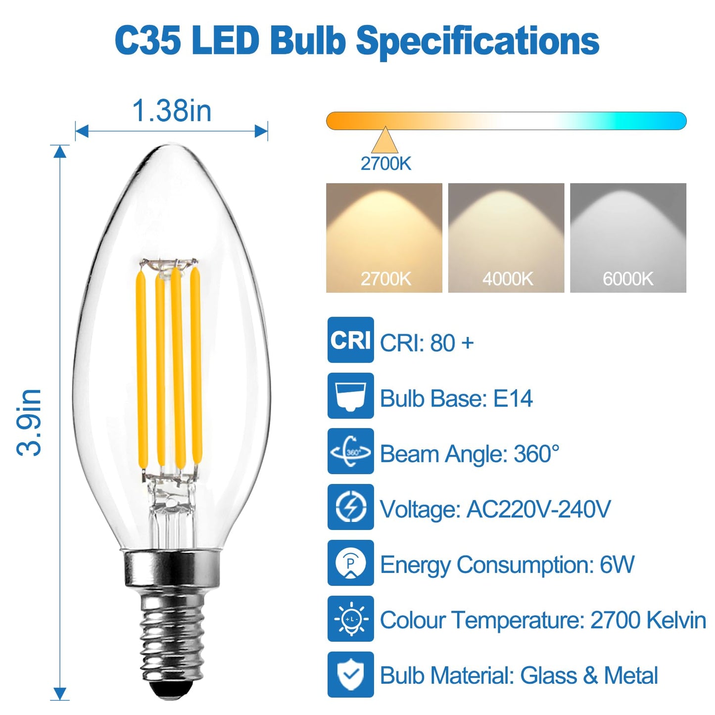 LangPlus+ E14 LED Light Bulb, Dimmable Candle Bulbs, 6W, 60W Equivalent Small Edison Screw SES E14 Bulb, Warm White 2700K, C35 LED Filament Bulb for Chandeliers, Ceiling Fan, 10 Pack