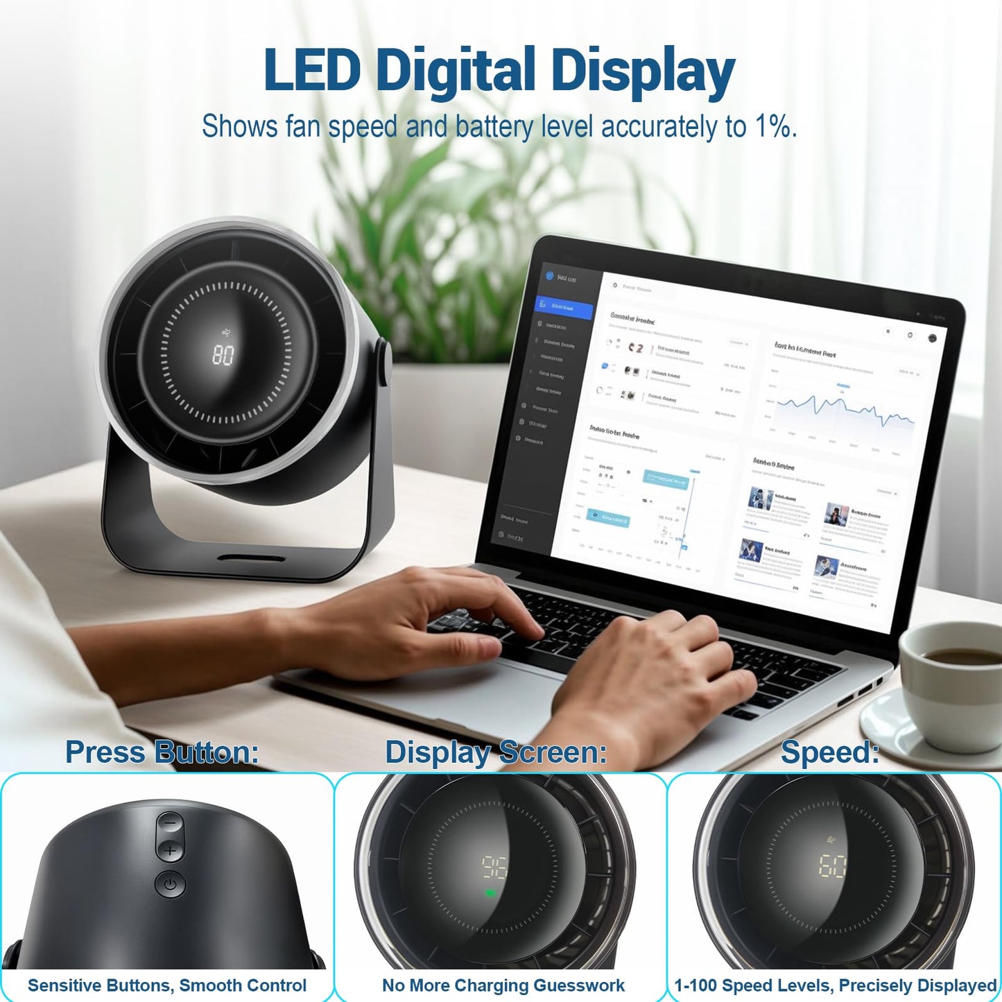 LangPlus+ Desk Fan - Rechargeable, 100 Speeds, Quiet USB Table Fan with Digital Display, 115° Tilt, Portable for Office, Bedroom, Kitchen, Home, Outdoor, Travel & Camping, Bluish Black