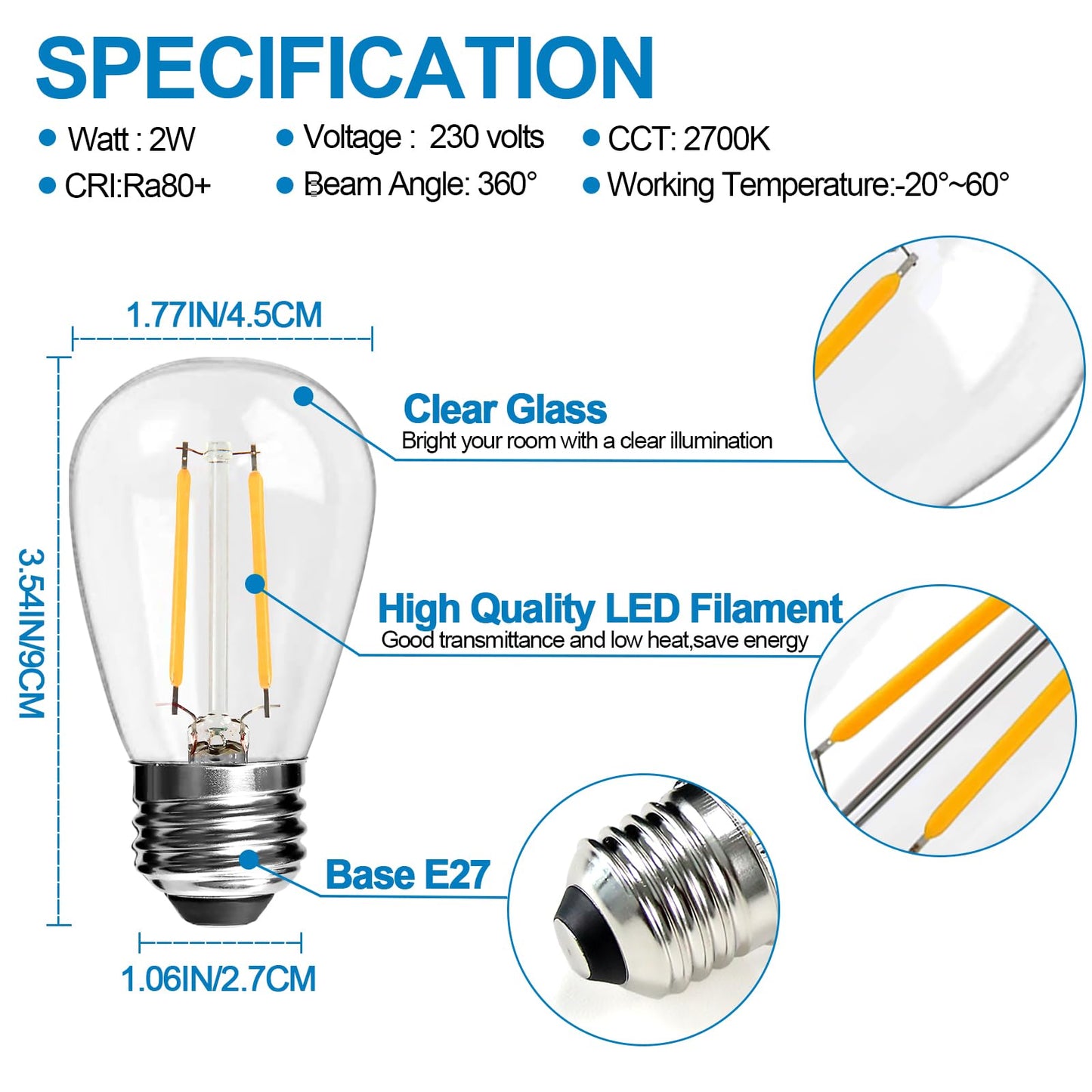 LangPlus+ 25 Pack S14 2W LED Glass Light Bulbs, E27 Base, Warm White 2700K, Edison LED Bulbs for String Lights, Non-Dimmable, 2W Equivalent to 20W Incandescent Bulb