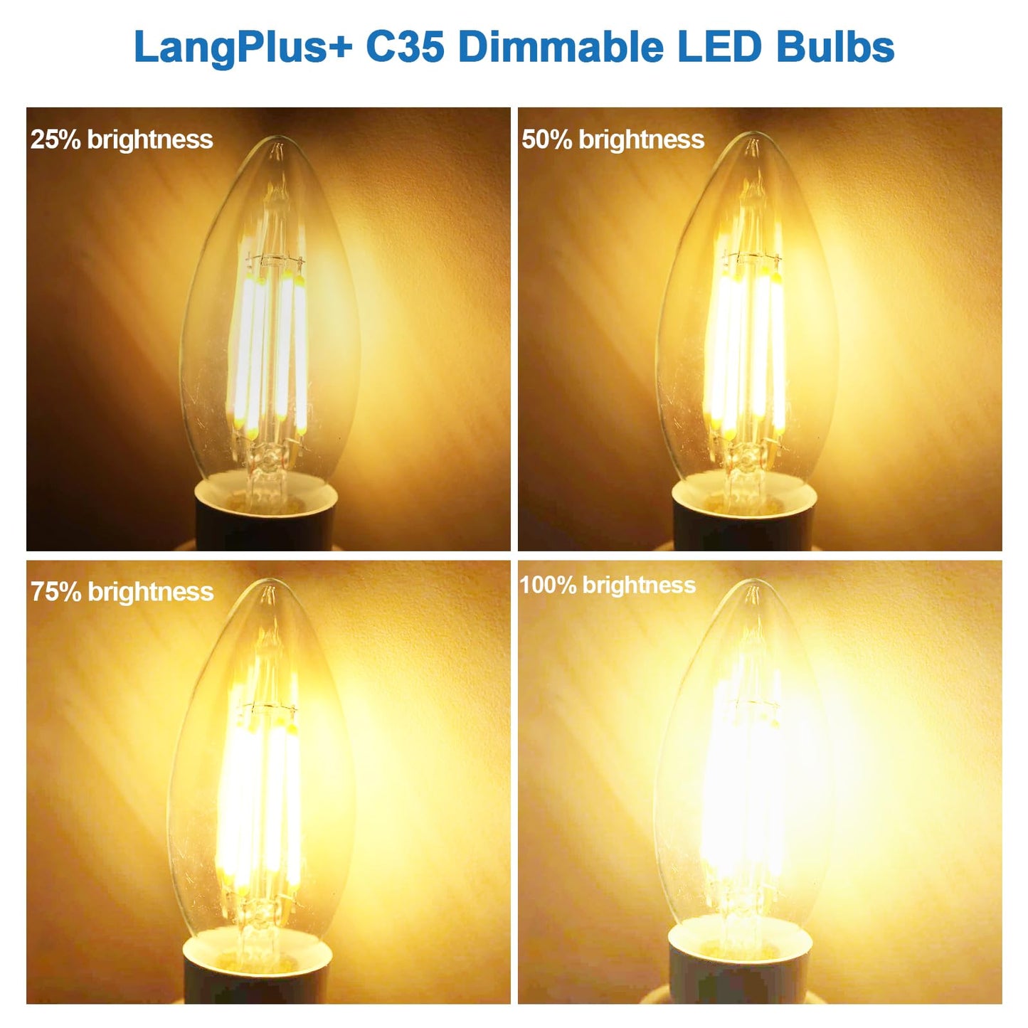 LangPlus+ E14 LED Light Bulb, Dimmable Candle Bulbs, 6W, 60W Equivalent Small Edison Screw SES E14 Bulb, Warm White 2700K, C35 LED Filament Bulb for Chandeliers, Ceiling Fan, 10 Pack
