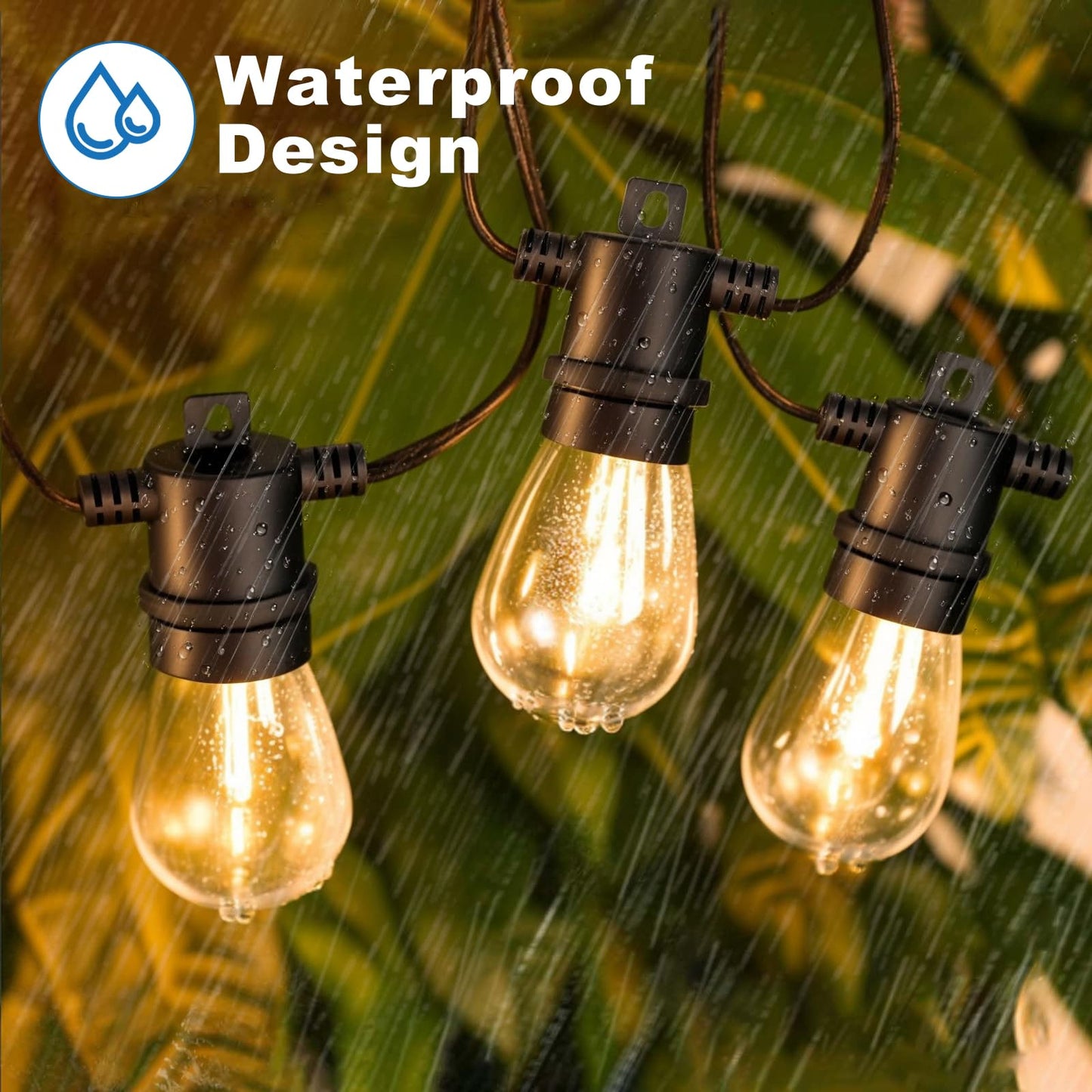 LangPlus+ Outdoor String Lights 15M with 15Pcs E12 Sockets, 16Pcs S14 1W LED Edison Bulbs Shatterproof, Warm White 2700K, Commercial Grade Waterproof LED String Lights for Bistro Gazebos Porch