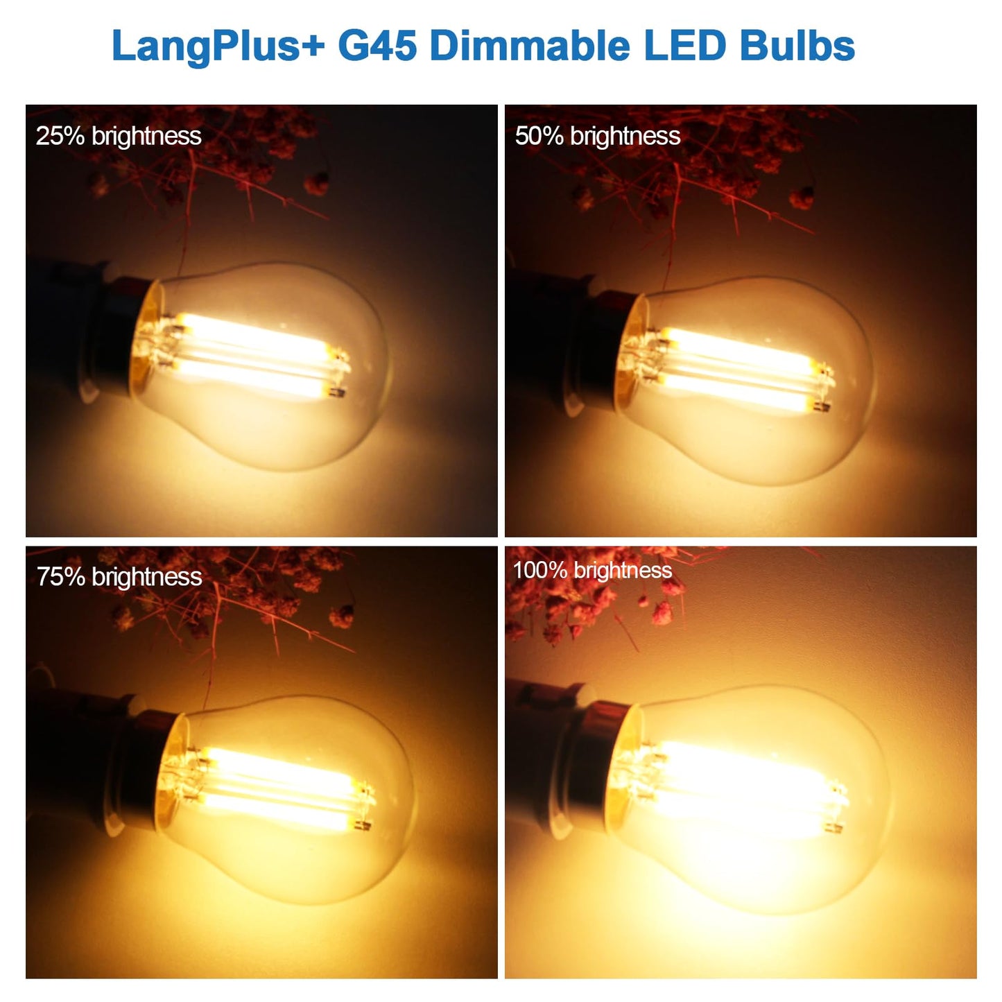 LangPlus+ E27 Screw LED Bulb, Dimmable G45 Golf Ball Bulbs, 4W, 40W Equivalent SES E27 Mini Globe Clear Glass Bulb, Warm White 2700K, LED Filament Light Bulb for Pendant, Ceiling Fan, 4 Pack