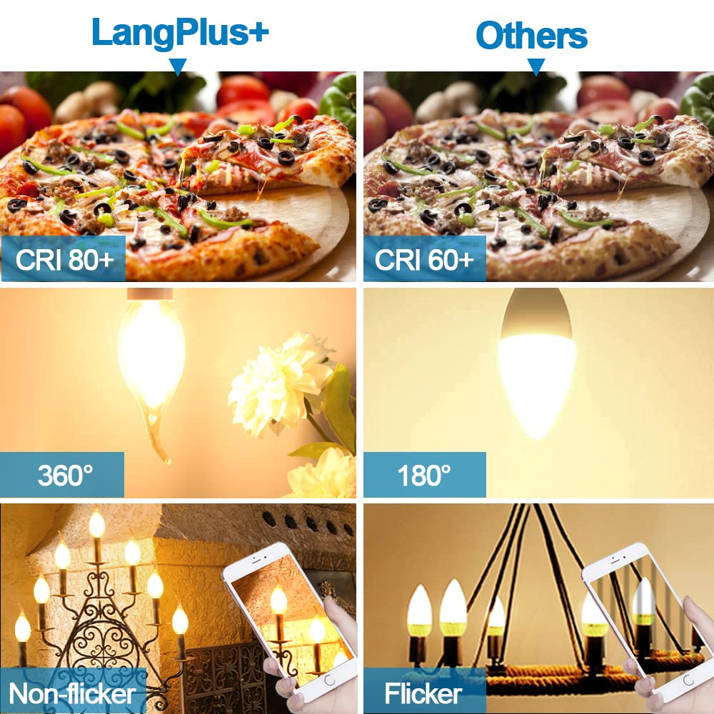 LangPlus+ Dimmable E14 Candelabra LED Light Bulbs 4W 40W Equivalent, 2700K Soft Warm White Chandelier Bulbs, Flame Tip Candle Light Bulb, 6 Pack