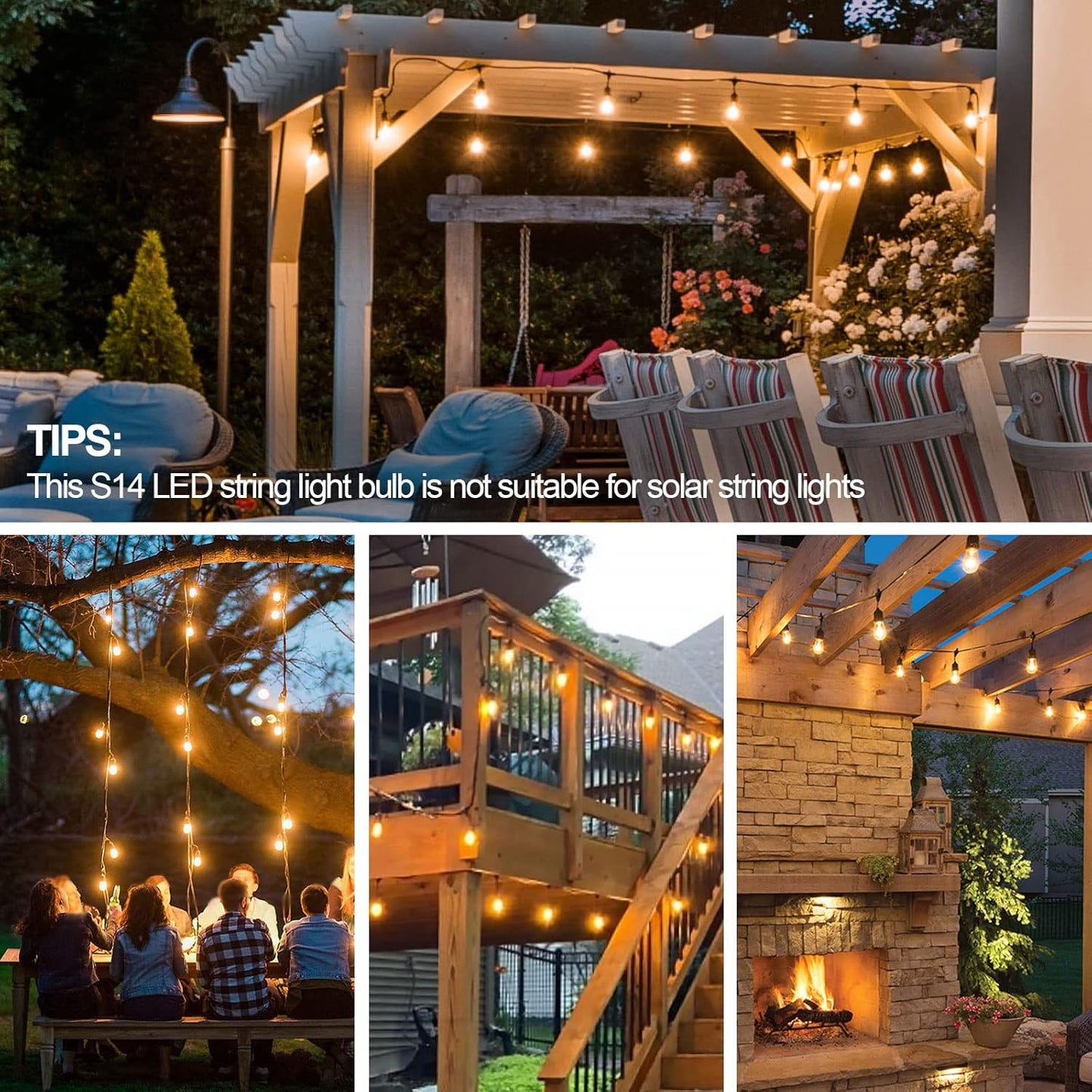 6 Pack 2W S14 LED Bulbs for Outdoor String Lights Replacement, E26 Medium Screw Base 2200K Warm White Plastic Shatterproof & Waterproof LED Edison Bulb for Chandeliers, Ceiling Fan