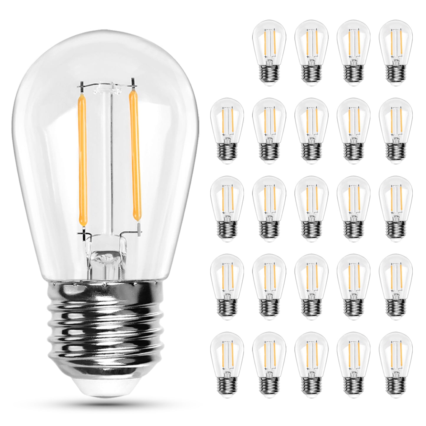25 Pack 2W S14 LED Bulbs for Outdoor String Lights Replacement, E26 Medium Screw Base 2200K Warm White Plastic Shatterproof & Waterproof LED Edison Bulb for Chandeliers, Ceiling Fan