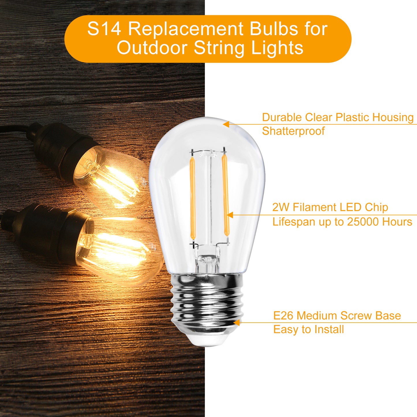6 Pack 2W S14 LED Bulbs for Outdoor String Lights Replacement, E26 Medium Screw Base 2200K Warm White Plastic Shatterproof & Waterproof LED Edison Bulb for Chandeliers, Ceiling Fan
