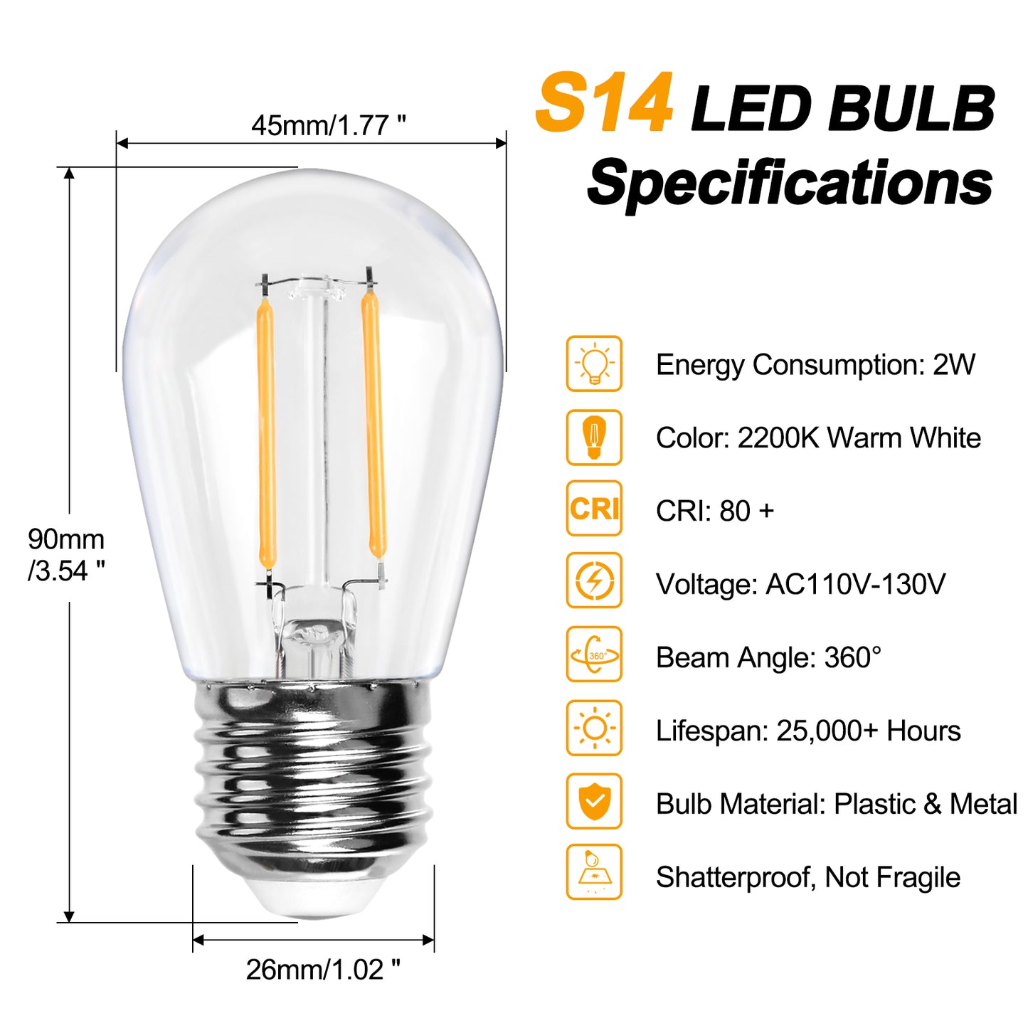 15 Pack 2W S14 LED Bulbs for Outdoor String Lights Replacement, E26 Medium Screw Base 2200K Warm White Plastic Shatterproof & Waterproof LED Edison Bulb for Chandeliers, Ceiling Fan