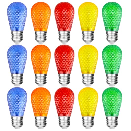 LangPlus+ S14 Coloured LED String Light Bulbs 1W Multi-Colour (Red, Orange, Blue, Green, Yellow) Shatterproof E27 LED Edison Replacement Bulbs for Halloween Christmas Home Décor, 15 Pack