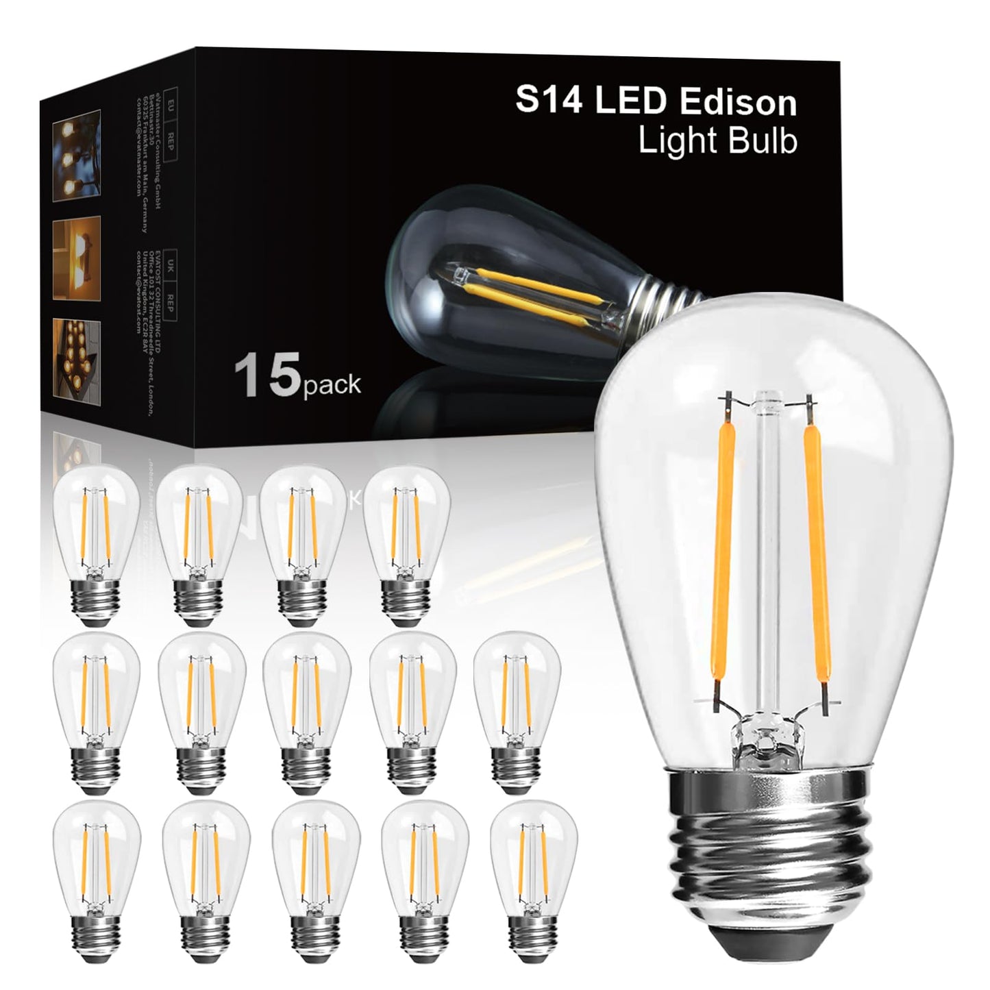 LangPlus+ 15 Pack S14 LED Filament Bulbs AC 220-240V, E27 Base LED Light Bulbs, 2W 2700K Warm White Edison Bulb for Outdoor String Lights Replacement